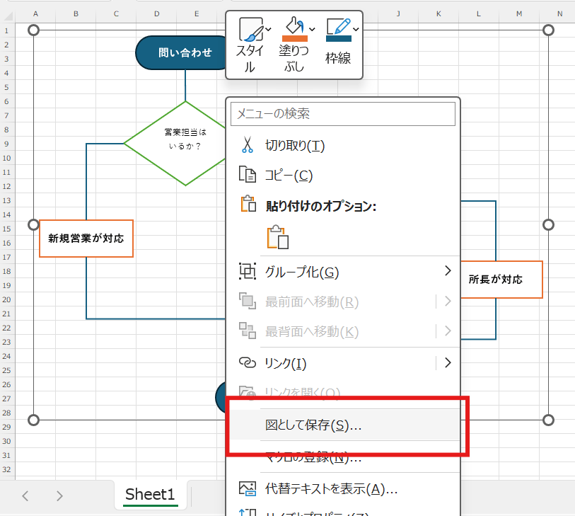 グループ化されたオブジェクトを再度右クリックし、「図として保存」を選択
